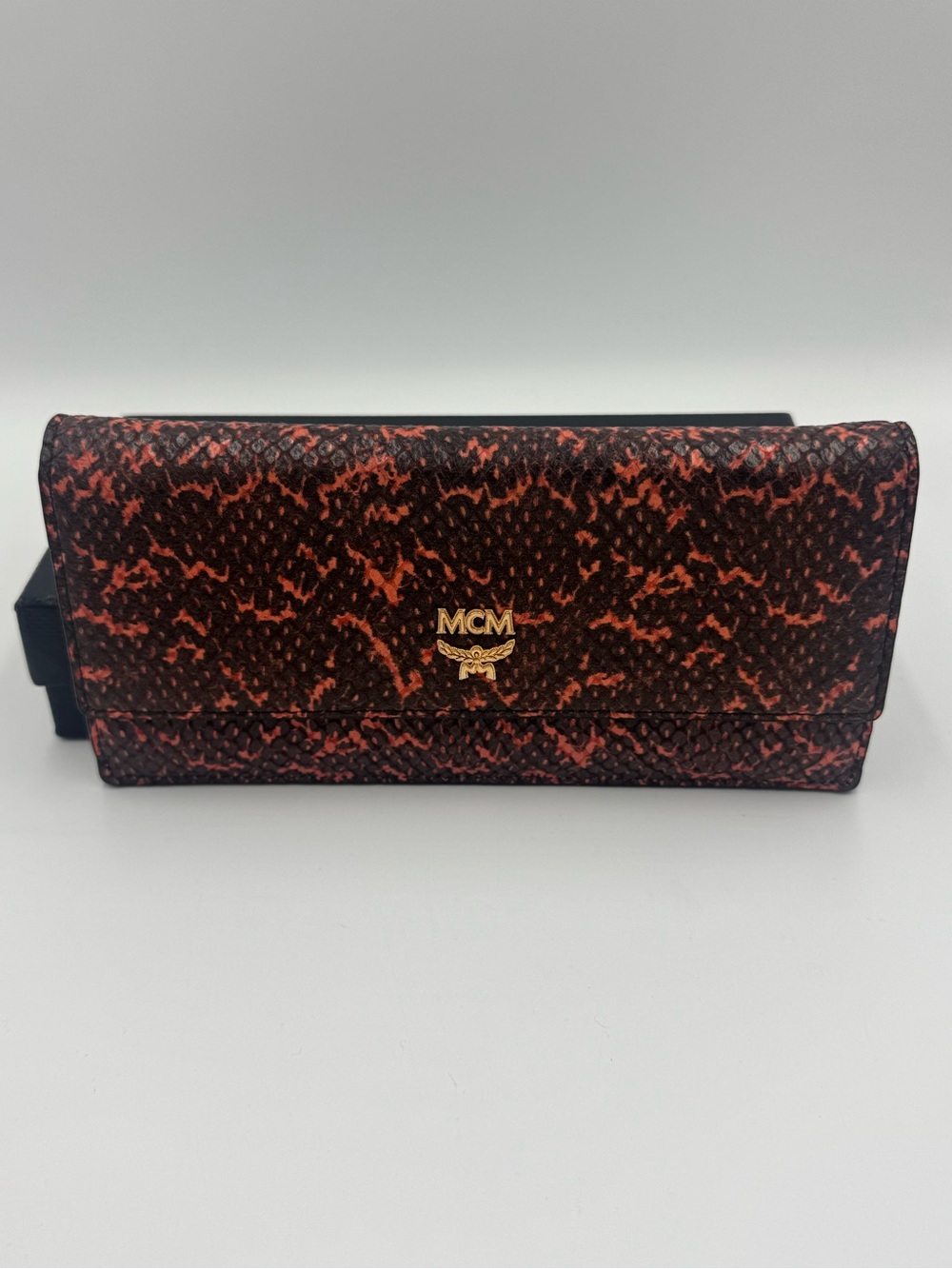 MCM Coral & Black Snake Skin Patterned Wallet with Insert, Box & COA